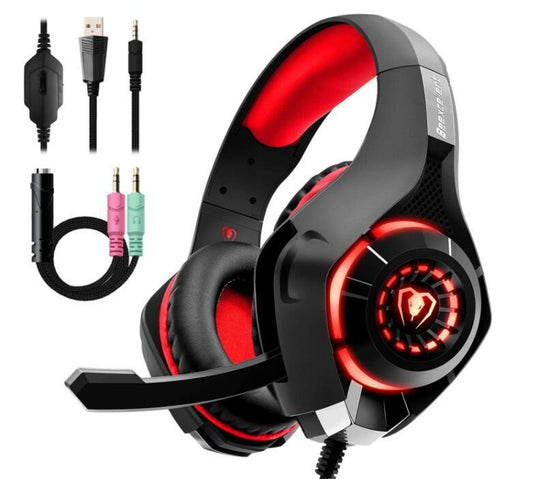 Black and red gaming headset with LED lights, microphone, and various connection cables.