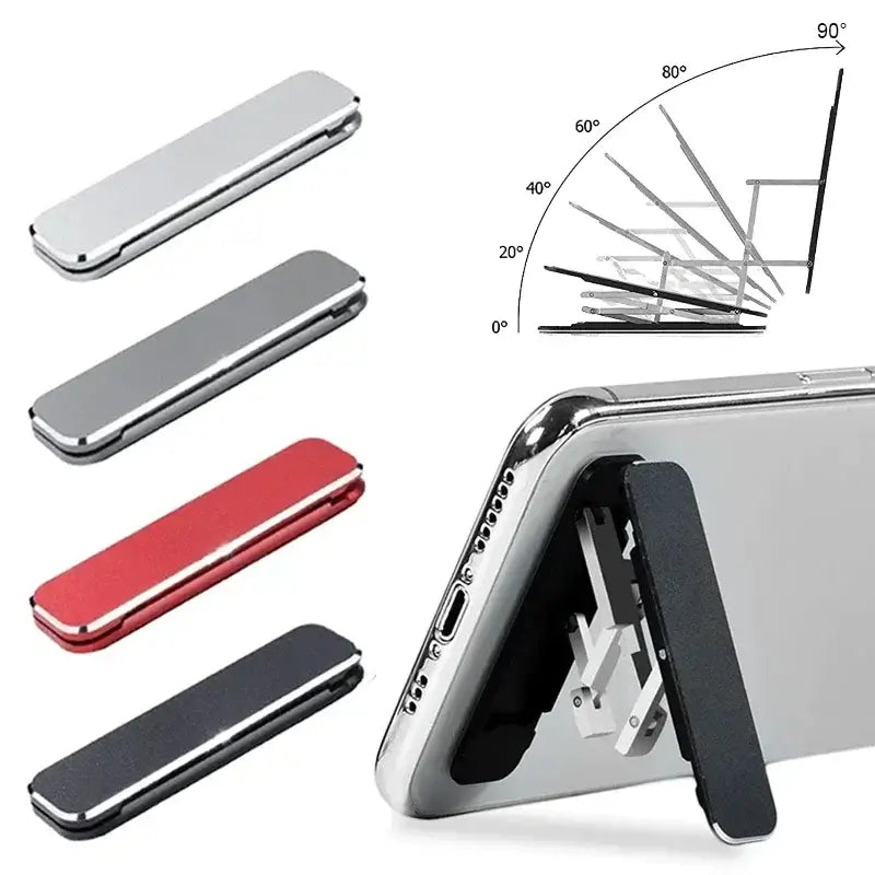 Ultra-slim aluminum folding phone stands in various colors with adjustable angle feature showcased.