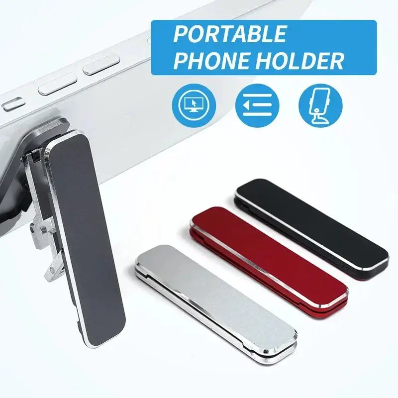 Portable aluminum phone holder in multiple colors, showcasing its adjustable and folding design for convenience.