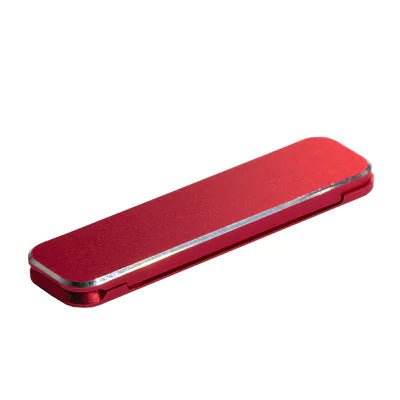 Ultra-Slim Red Aluminum Folding Phone Stand, portable and adjustable for universal compatibility.